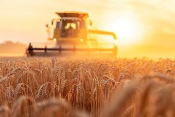 Obraz premium Close-up of a combine harvester in a golden wheat field at sunset or sunrise, ears of wheat in the foreground