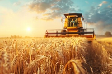 Fototapeta premium Close-up of a combine harvester in a golden wheat field at sunset or sunrise, ears of wheat in the foreground