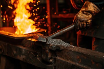 mallet and gloves above an iron anvil in front of a red hot burning furnace in a dark metalworking workshop