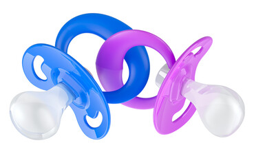 Blue and pink baby pacifiers, 3D rendering isolated on transparent background