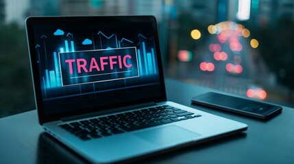 Close-up of a laptop displaying the word TRAFFIC on the screen, symbolizing digital marketing and SEO strategies. Ideal for content related to online traffic and search engine optimization.