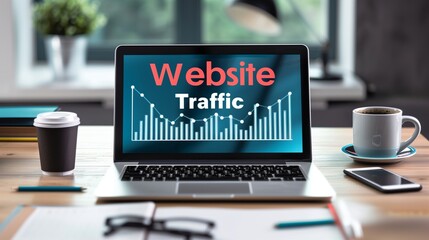 A sleek laptop displaying the phrase Website Traffic on its screen, symbolizing digital marketing, SEO, and online growth strategies.