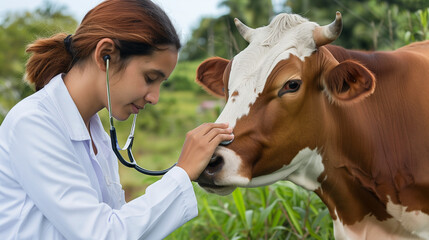 female veterinarian examining cow using auscultation method of diagnostic, doctor's love care, cows diseases