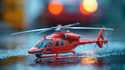 Closeup of plastic red helicopter chopper model toy. Aircraft transport and travel, child aviation flight play