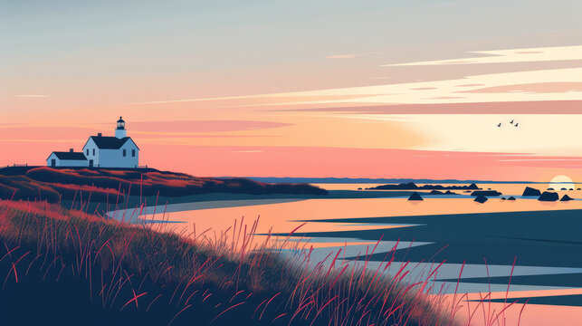 Cape Cod, Massachusetts during sunrise or sunset in minimal colorful flat vector art style illustration.  