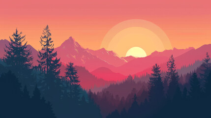 Fototapeta premium Redwood National and State Parks, Washington during sunrise or sunset in minimal colorful flat vector art style illustration. 
