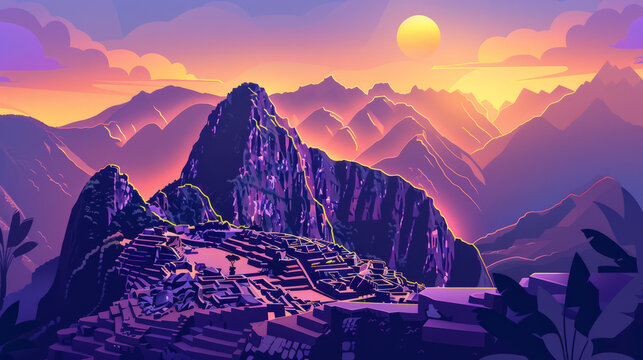 Machu Picchu in Peru during sunrise or sunset in minimal colorful flat vector art style illustration.  