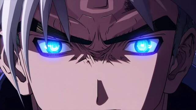 young intense male anime manga character with glowing blue eyes Generative AI