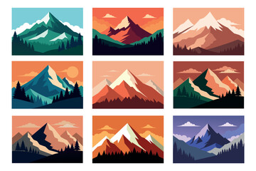 A set of illustrations of mountain landscapes. Design element for poster, card, banner, flyer. Vector illustration.