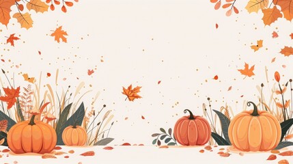 Autumn-themed background, falling leaves and pumpkins, flat design illustration