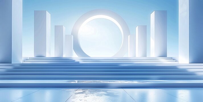 A futuristic, symmetrical hallway with sleek, white walls and steps leading to a bright opening. A reflective blue water channel runs through the center, creating a serene and modern ambiance. - Powered by Adobe