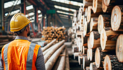 Construction worker in safety gear examining timber logs in a lumber factory with industrial background. Work safety, logging industry, forestry management, timber production, construction.