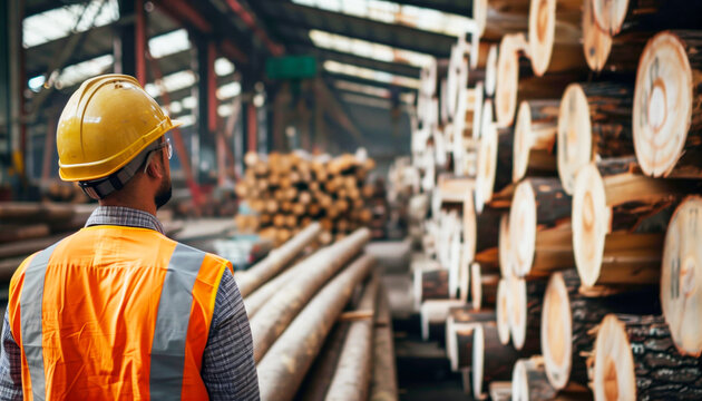 Construction worker in safety gear examining timber logs in a lumber factory with industrial background. Work safety, logging industry, forestry management, timber production, construction.