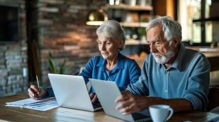 Obraz premium Senior couple managing their finances together, laptop open and documents on the table