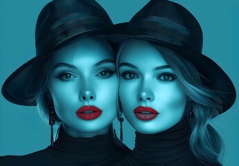 Two individuals in black turtlenecks and matching wide-brimmed hats, with long, wavy platinum blonde hair, standing against a teal background.
