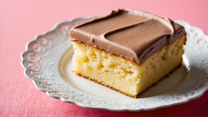 A Slice of Yellow Cake with Mocha Frosting on an Ornate Plate