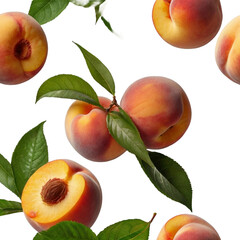 Fresh Peaches with green leaves in the air, isolated background, Fresh Summer fruit, food photography, corporate advertising, Peach harvest