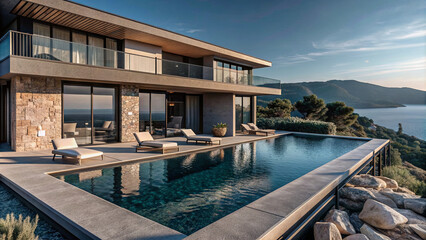 Fototapeta premium Modern villa with an infinity pool overlooking a beautiful coastal landscape. The villa features a large patio with lounge chairs and a stunning view of the ocean and surrounding hills