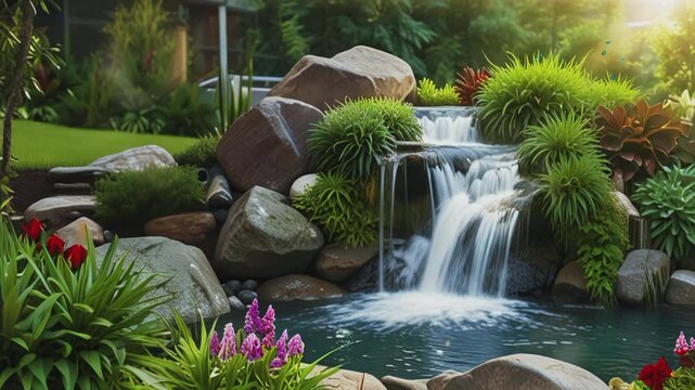 view of the pond in the garden, 4K virtual video animation background that rotates smoothly
