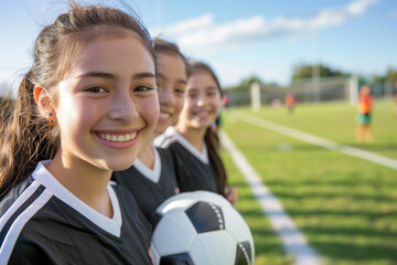 Girls in soccer uniforms smiling with soccer ball on a sunny day at a green field. Youth sports, team spirit, outdoor activities, fitness, soccer team, childhood joy, school sports programs.