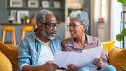 Senior man and woman discussing their monthly expenses and financial planning at home, papers in hand