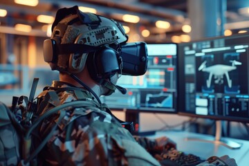 Naklejka premium Soldier using virtual reality headset in advanced military simulation center with drone controls. Defense training, modern warfare, virtual reality technology, drone operations, military simulation.
