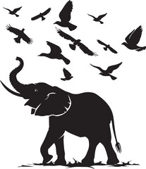 Elephant with bird flying silhouette
