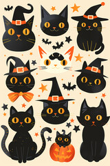 Halloween Cat Emoticons Set | Cute Cats in Bows and Hats