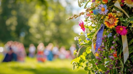 Vibrant floral decorations with blurred festive outdoor gathering in the background. Swedish Midsummer festival, summer celebration, outdoor party, nature festivity, floral arrangement.