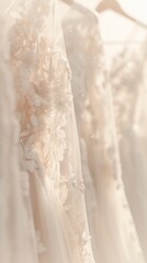 Obraz premium Elegantly detailed lace bridal gowns on hangers, showcasing intricate designs and soft floral patterns in a bright and airy setting.