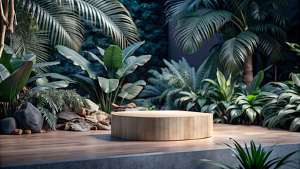 Obraz premium A wooden platform sits in the center of a tropical garden surrounded by vibrant green plants