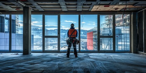 Construction Worker Looking Out a Window of a Building Under Construction