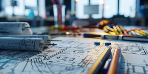 Close-up of Architectural Blueprints on a Desk
