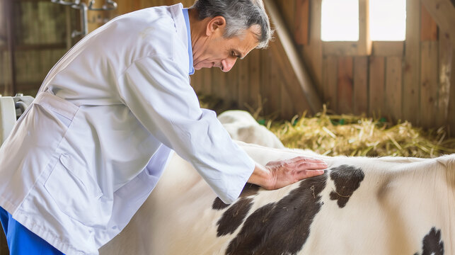 male veterinarian examining cow using palpation method of diagnostic, doctor's love care, cows diseases