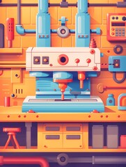 Obraz premium Close-up of Colorful and Detailed Industrial Workshop Equipment and Machinery in Flat Design