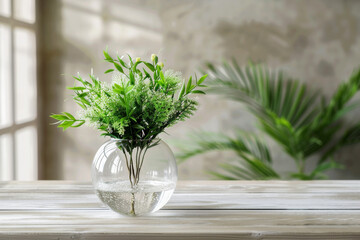 A clear vase with fresh green foliage and delicate white flowers, placed on a sunlit wooden table in a serene indoor setting.