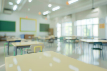 An empty classroom with neatly arranged desks and chairs, bathed in natural light, evoking a sense of anticipation for learning.