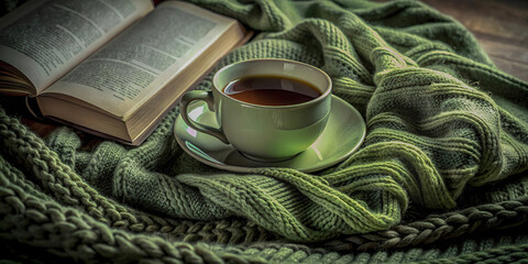 Cup of Tea with Open Book on Green Knit
