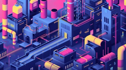 Obraz premium A visually striking depiction of a modern industrial city with vibrant neon colors, featuring various factories, infrastructure, and interconnected elements in a futuristic style.