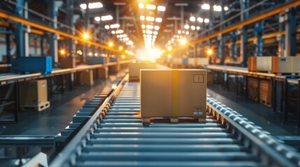 A high-tech warehouse at sunset, showcasing an automated system where numerous boxes move along a conveyor belt under bright industrial lights in a vast space.
