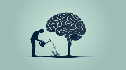 A man waters a plant shaped like a brain, symbolizing personal mental development and growth. This image captures the essence of nurturing ones mind for cognitive and personal enhancement.