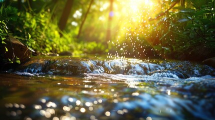 Fototapeta premium Creation. Genesis. God planted a garden in a place called Eden. Verdant and serene garden with winding river creating a peaceful atmosphere.