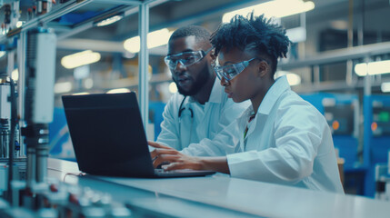 Two engineers of varied ethnicities working on a laptop on a platform at an electronics factory, overseeing maintenance tasks via online software.