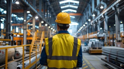 A factory worker wearing a yellow safety helmet and high-visibility vest inspects the factory plant, emphasizing industrial safety and efficiency in manufacturing processes.