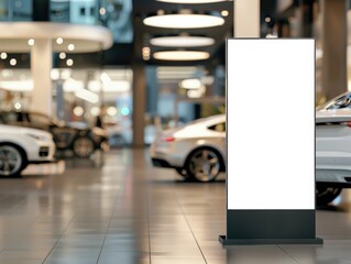 Sleek car showroom featuring a prominent blank billboard