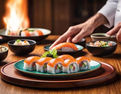 hands of a cheff preparing sushi roll
