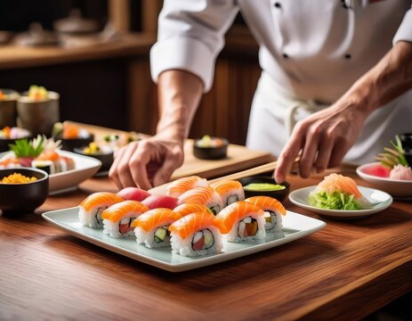 chef cutting sushi in kitchen