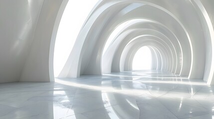 Minimalist White Tunnel with Soft Curved Arches and Bright Light at the End Emphasizing Elegant Architectural Design