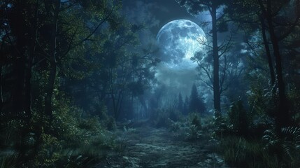 Dark night forest full moon halloween Ultra realistic Photorealistic