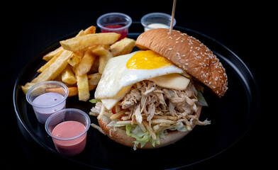 Delicious shredded chicken sandwich with cheese, egg and chips